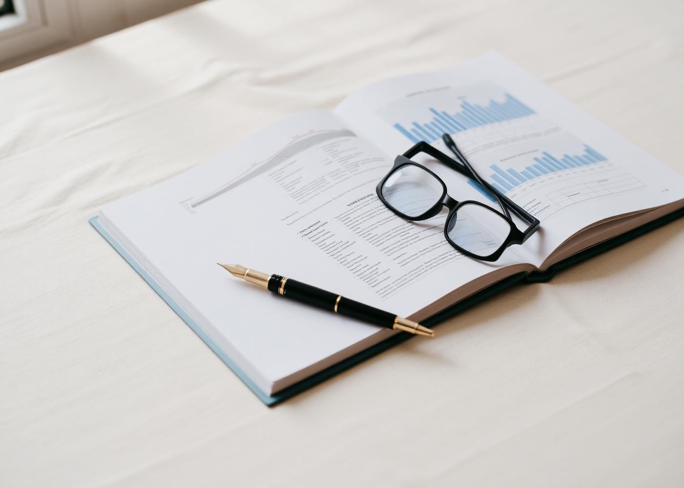 Open medical journal with charts, pen and reading glasses